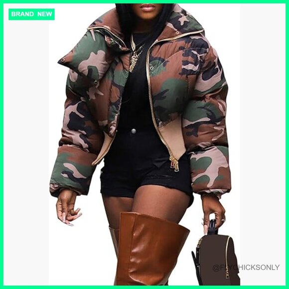 Jackets & Blazers - Cropped Camo Puffer Jacket Winter Warm Zip Up Quilted Short Coat